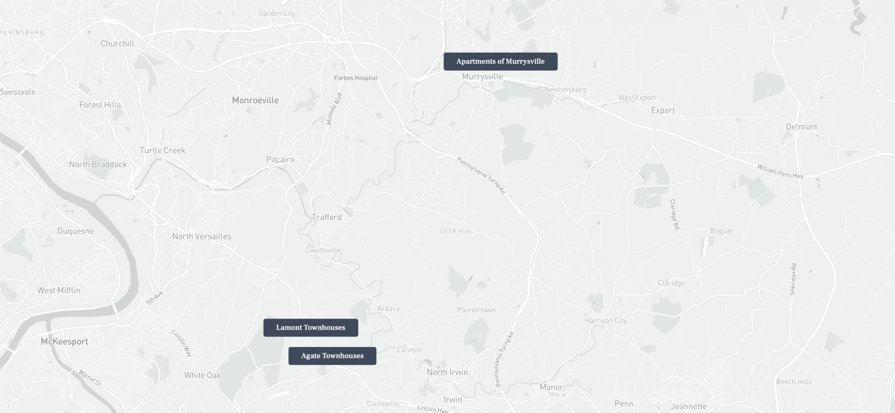 Map showing locations of Apartments of Murrysville, Lamont Townhouses, and Agate Townhouses